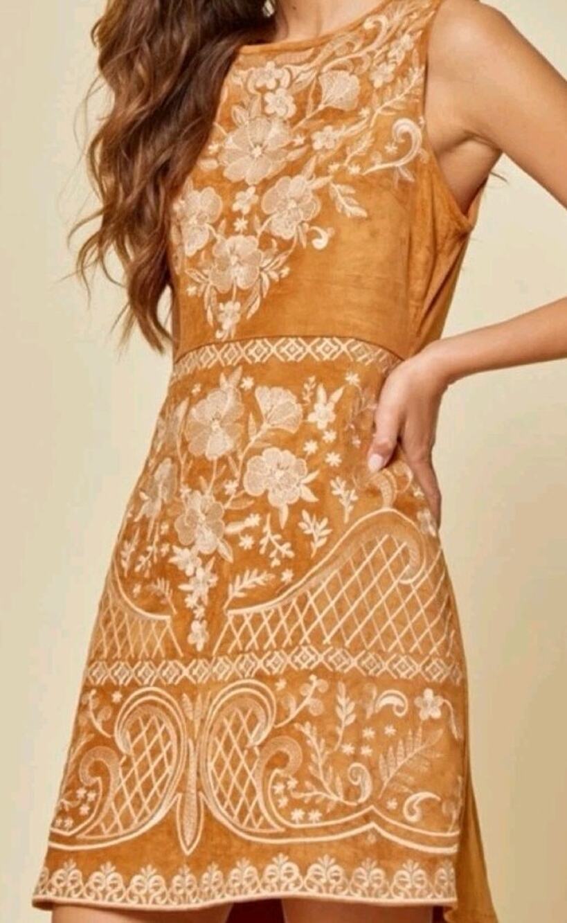 Boho Chic Faux Suede Intricate Embroidered Dress Tan Cream BOHO HIPPIE RETRO SM